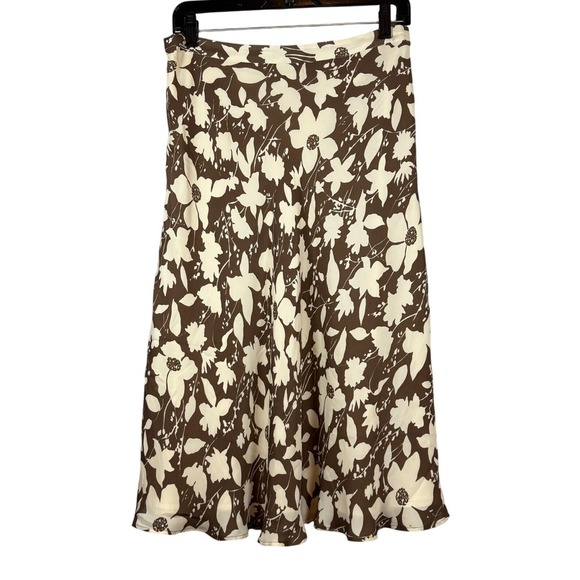 Kate Hill 100% Silk Skirt, A Line Knee Length, Brown Beige Floral Print Size 14P - Picture 3 of 13